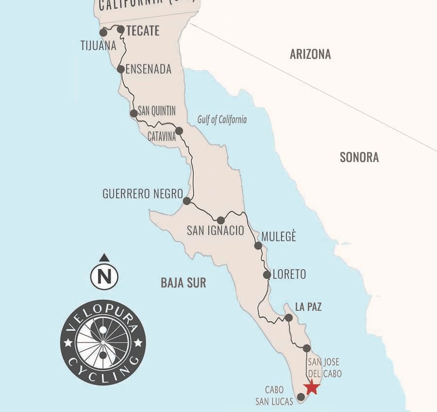 Bicycle tour map of Baja, Mexico