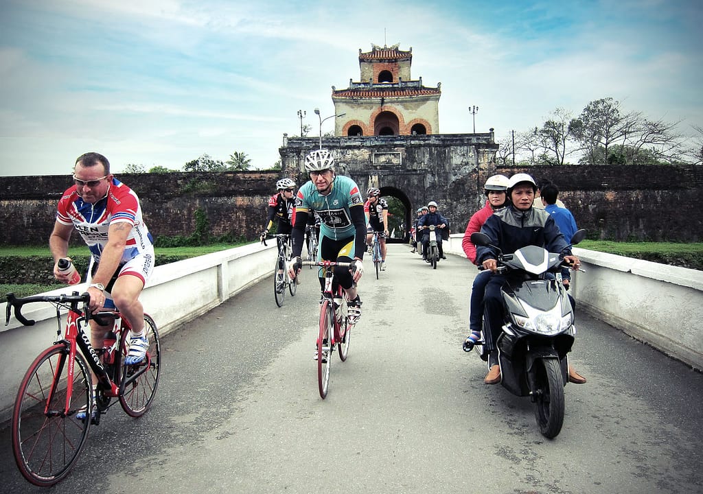 Bicyclists touring in Hue, Vietnam